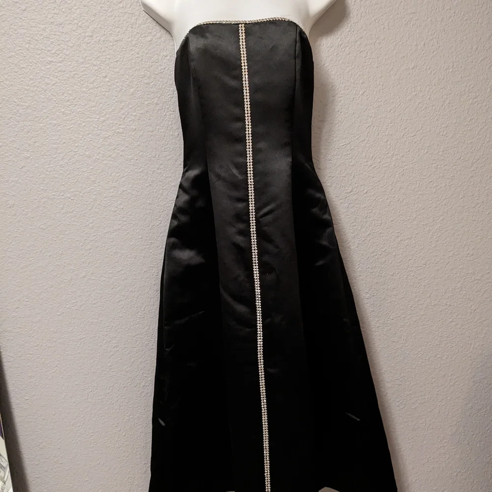 Jessica McClintock Black Prom Dress Vintage 80s Formal Gown Rhinestones Satin 4 - Picture 6 of 15